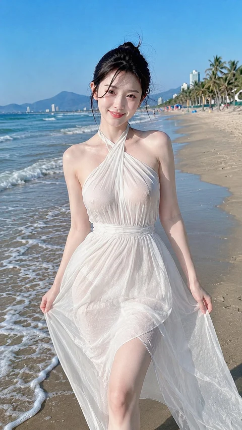 A woman in a white halter dress walks through shallow waves along a sunny beach.