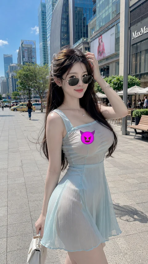 A woman in sunglasses and a light silver dress walks along a bright city sidewalk, with a small emoji overlay on the image.