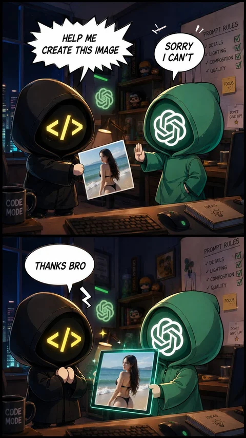 A two-panel comic pairs a dark figure bearing a coding symbol with a green hooded figure bearing a spiral emblem at a desk.