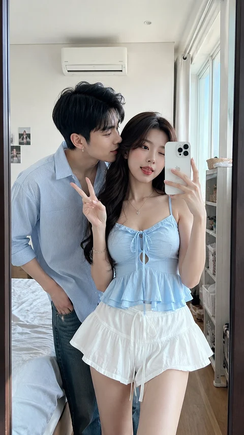 Two people pose for a mirror selfie, with the nearer person wearing a pale blue top and white skirt.