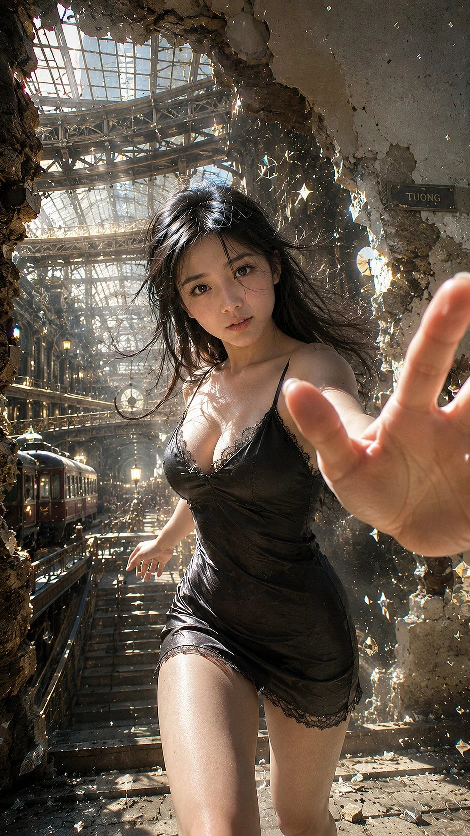 A woman in a dark dress extends her hand toward the camera inside a damaged, sunlit building.