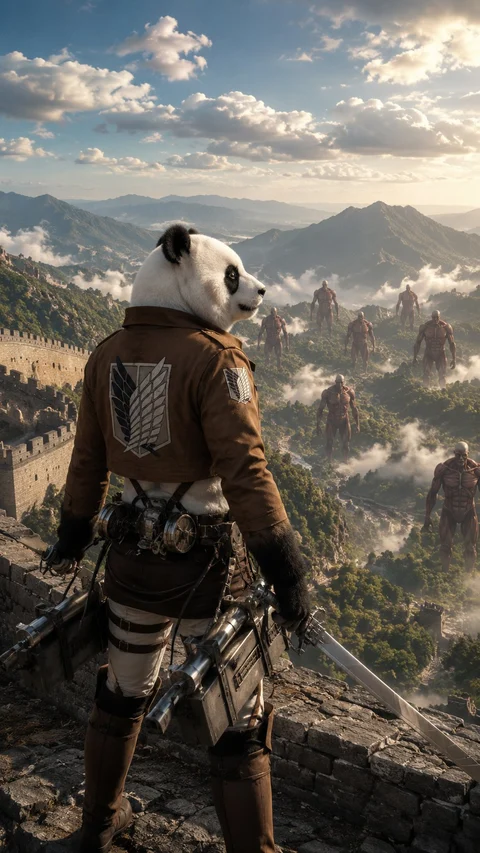 A figure wearing armor, a hood and mechanical gear looks across a vast mountain valley under a cloudy sky.