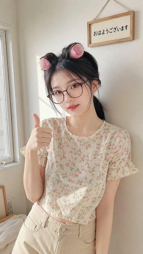 A woman wearing glasses, pink hair rollers and a floral top gives a thumbs-up in a softly lit room.