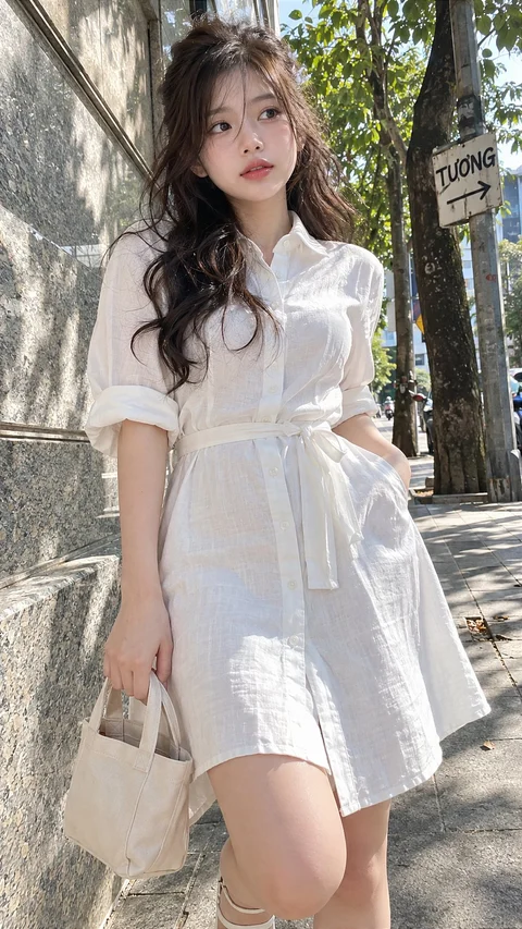 A woman in a belted white shirt dress stands on a leafy sidewalk, carrying a small light-colored handbag.