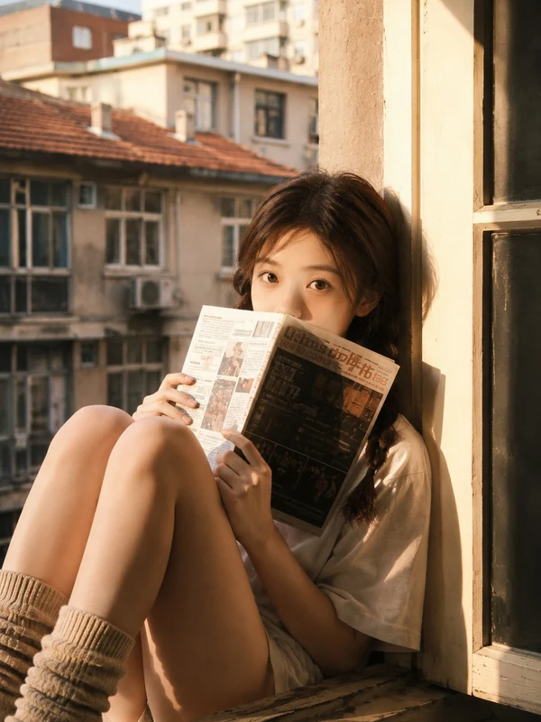 Warm film portrait beside a window with a newspaper