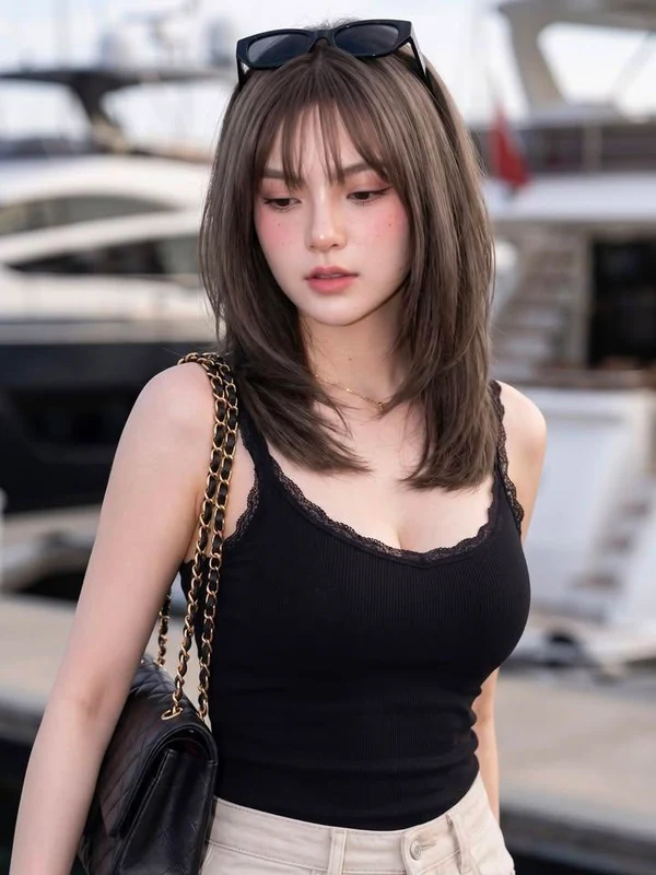 Black top and straight hair at a marina
